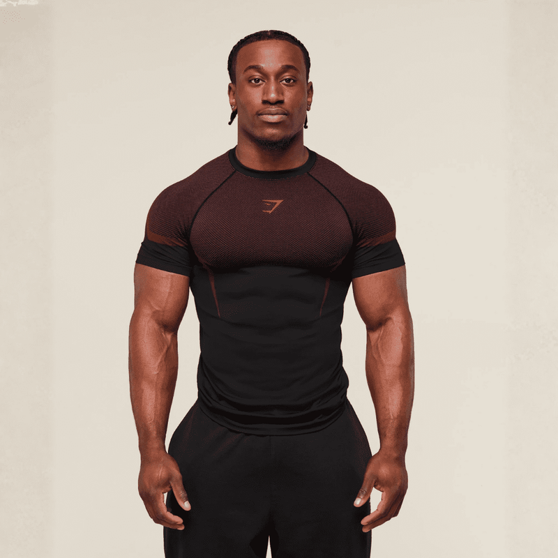 GYMSHARK ONYX 5.0 SEAMLESS T-SHIRT - BLACK/CARMINE RED