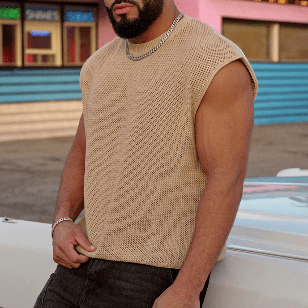 DROP SHOULDER KNIT CUT-OFF TAN