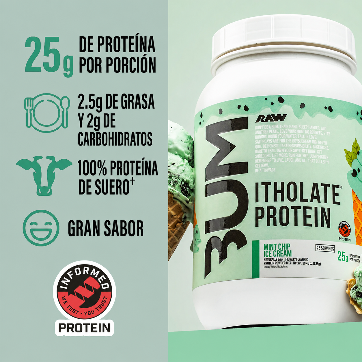 BUM ITHOLATE PROTEIN - MINT CHIP ICE CREAM (INCLUYE 2 PROTEIN BARS)