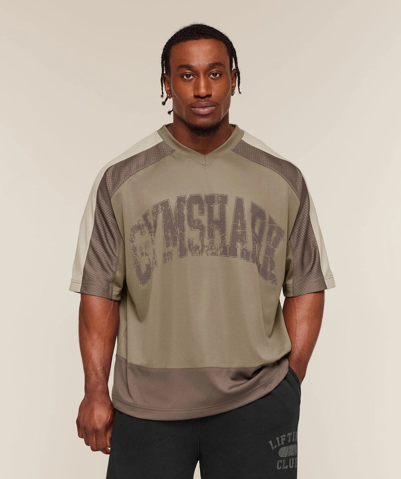 GYMSHARK COLLECTIVE MESH WORDMARK JERSEY - LIFESTYLE BROWN/SOFT BROWN/PEBBLE GREY