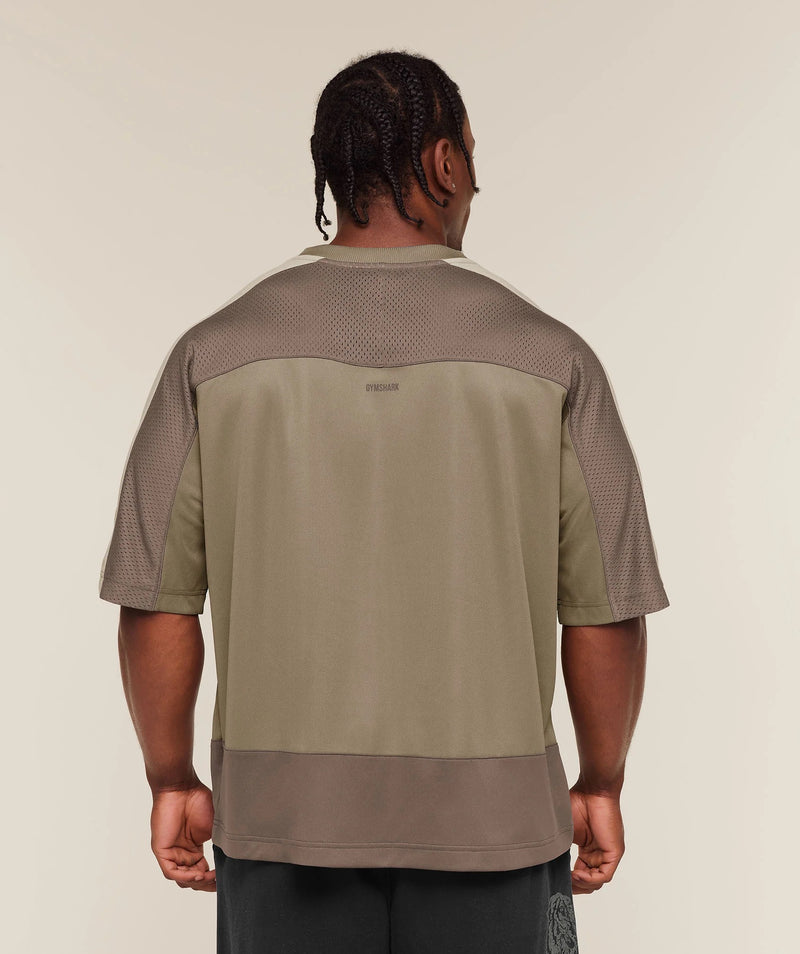 GYMSHARK COLLECTIVE MESH WORDMARK JERSEY - LIFESTYLE BROWN/SOFT BROWN/PEBBLE GREY